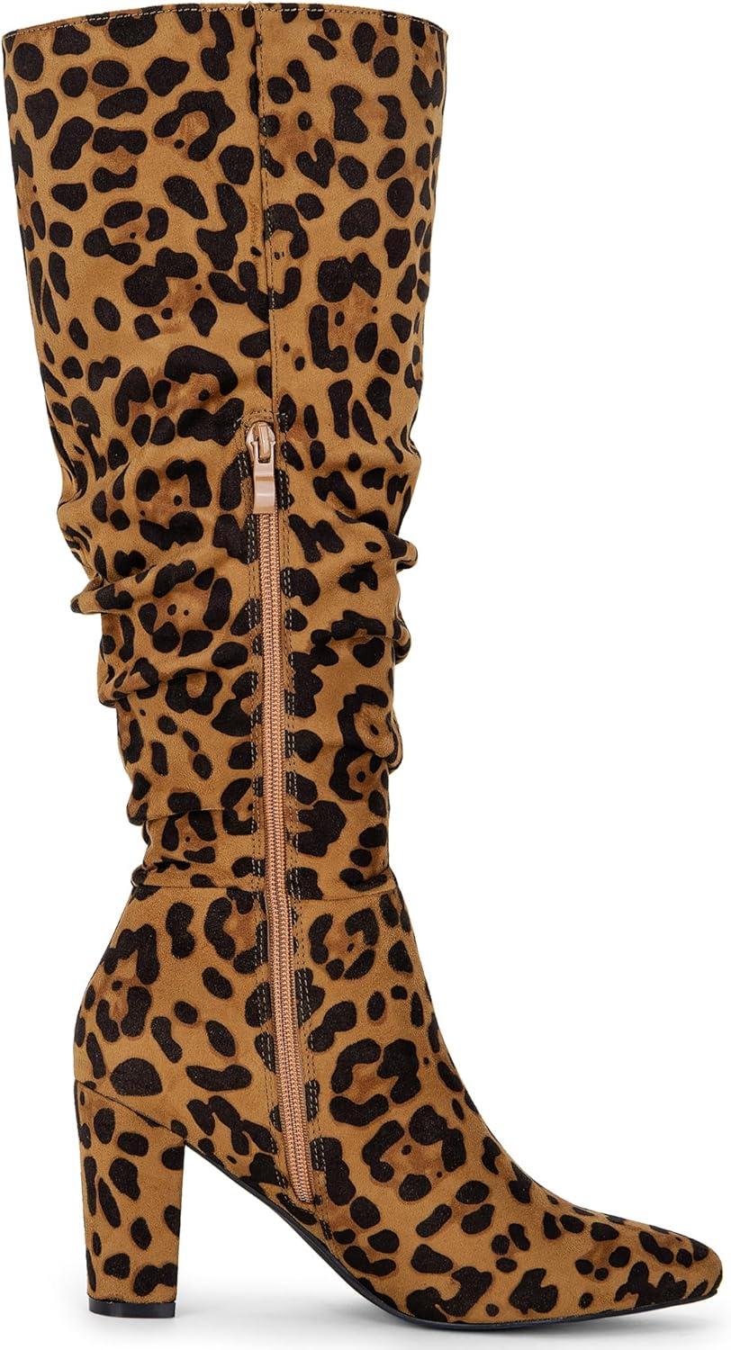 imageAllegra K Womens Slouch Pointed Toe Chunky Heel Knee High BootsLeopard