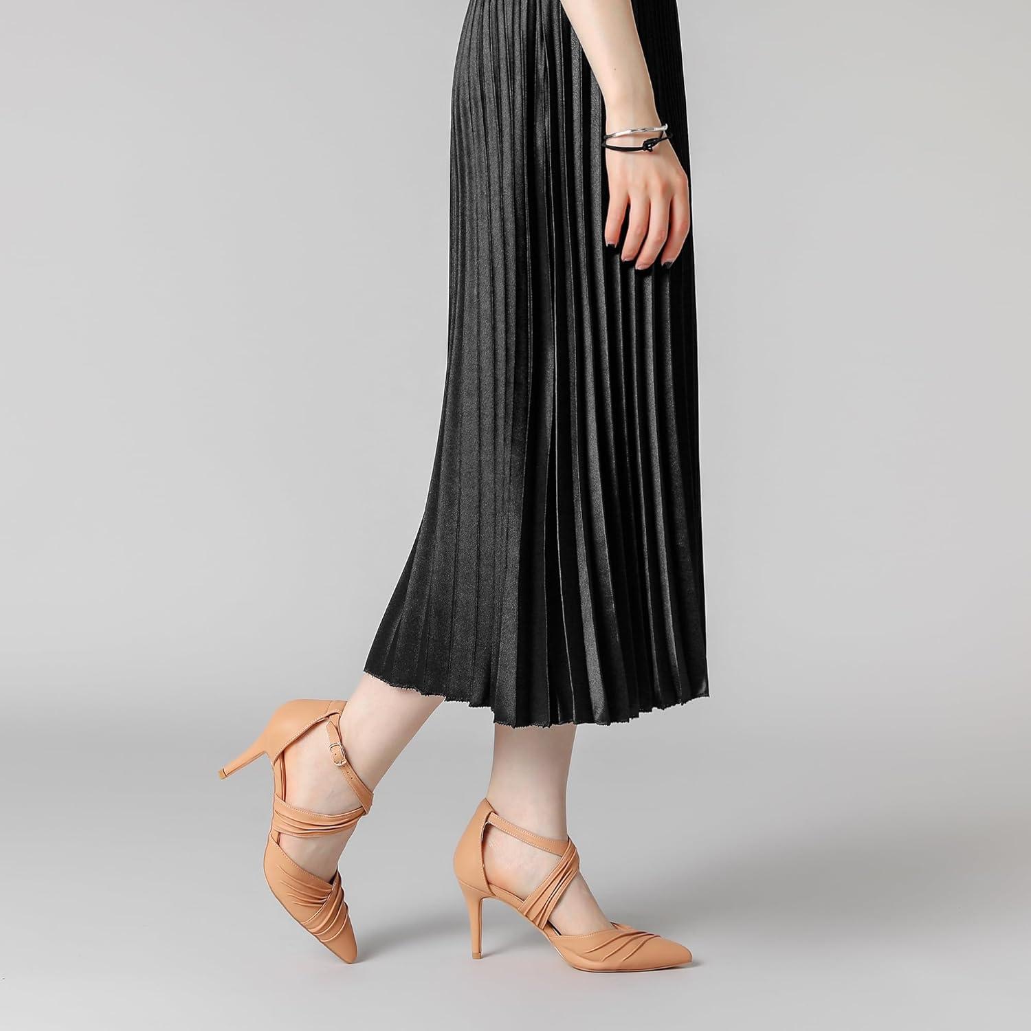 imageAllegra K Womens Slouches Cross Strap Pointed Toe Stiletto Heels PumpsNude