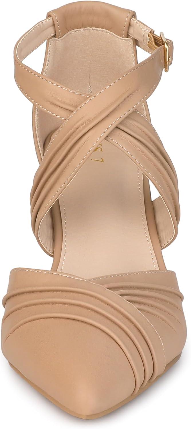 imageAllegra K Womens Slouches Cross Strap Pointed Toe Stiletto Heels PumpsNude