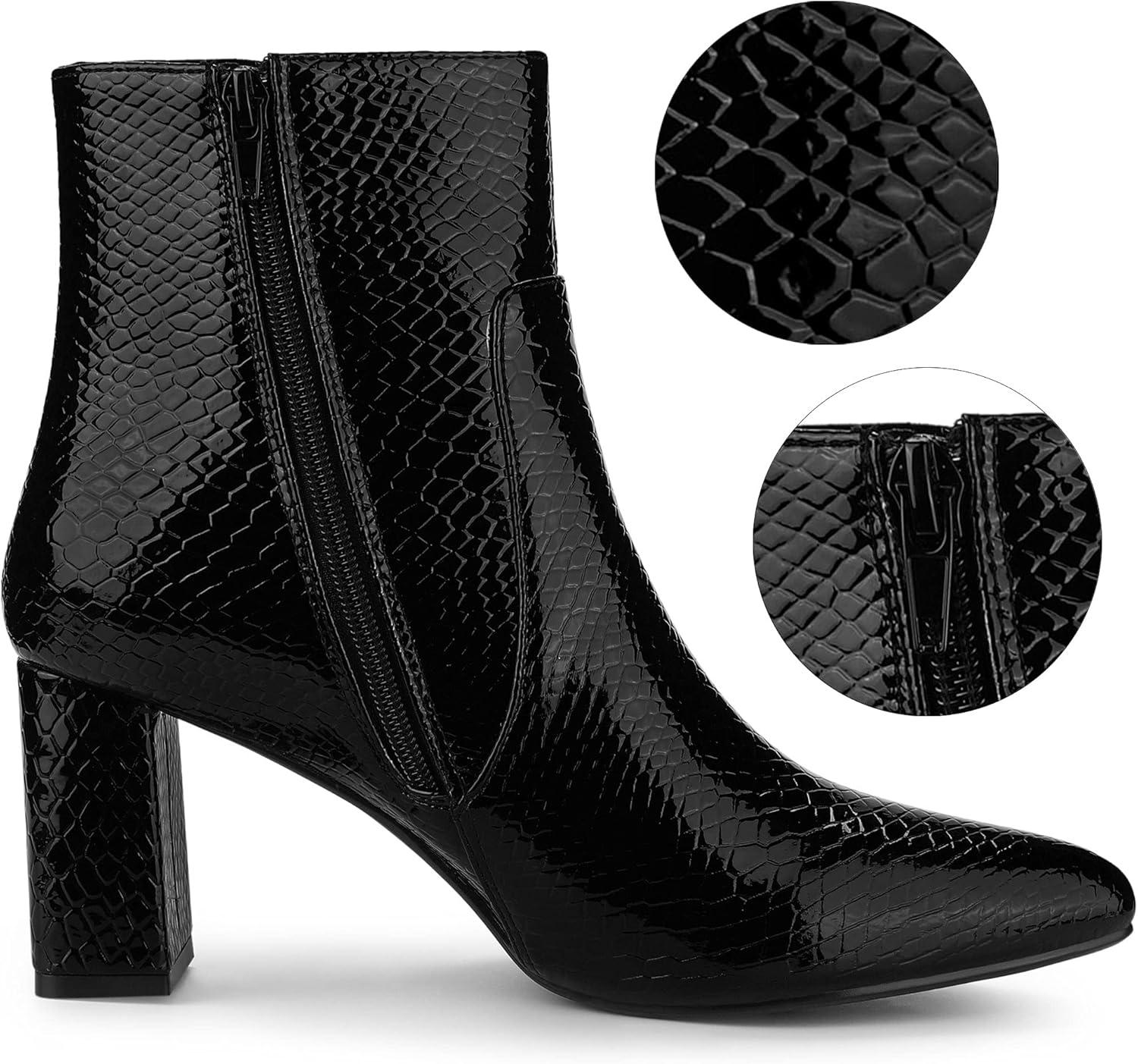 imageAllegra K Womens Snakeskin Print Boots Halloween Costumes Chunky High Heels Ankle BootsBlack