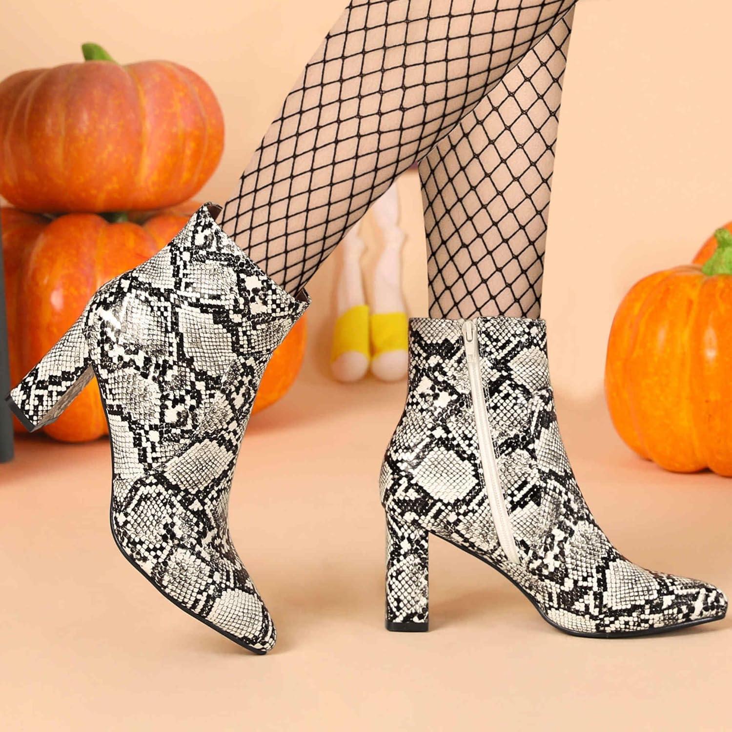 imageAllegra K Womens Snakeskin Print Boots Halloween Costumes Chunky High Heels Ankle BootsBlack White