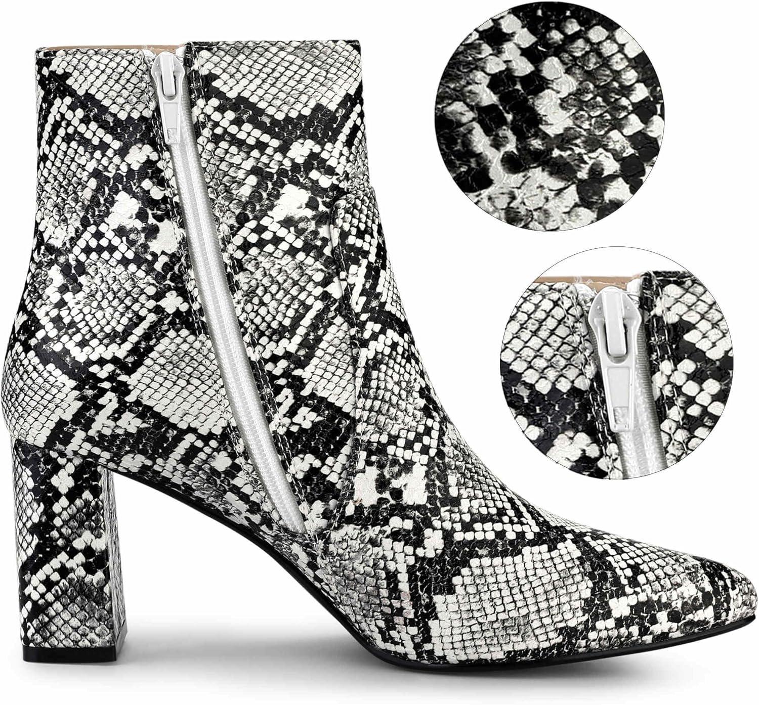 imageAllegra K Womens Snakeskin Print Boots Halloween Costumes Chunky High Heels Ankle BootsBlack White