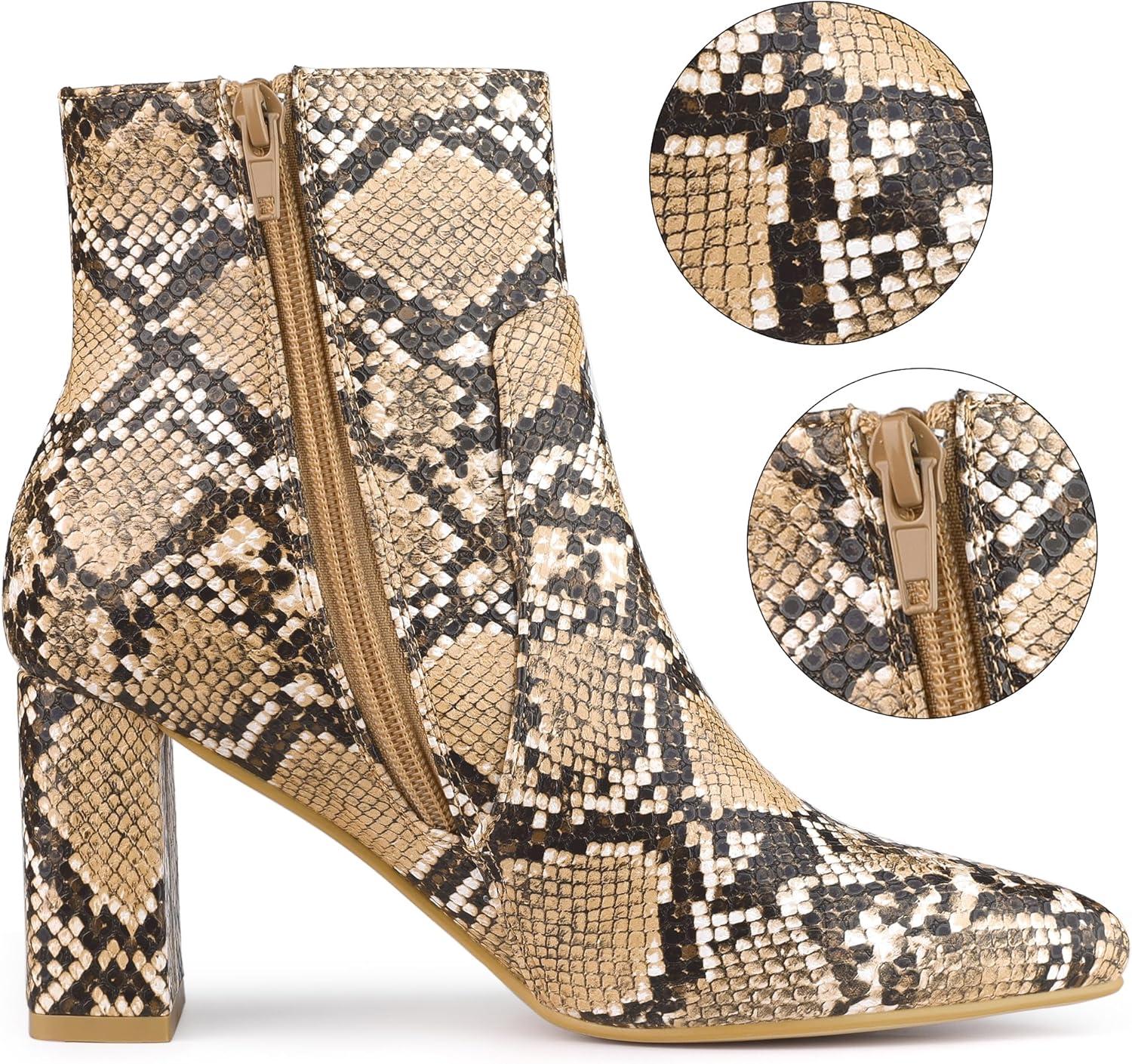 imageAllegra K Womens Snakeskin Print Boots Halloween Costumes Chunky High Heels Ankle BootsBrown Snake