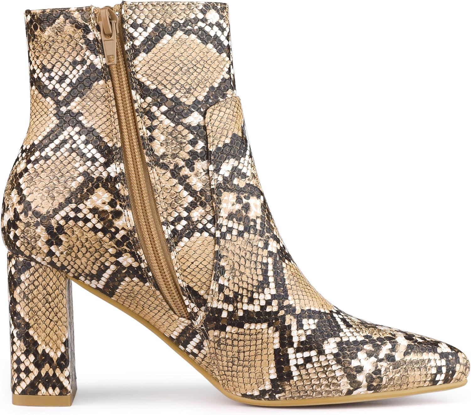 imageAllegra K Womens Snakeskin Print Boots Halloween Costumes Chunky High Heels Ankle BootsBrown Snake