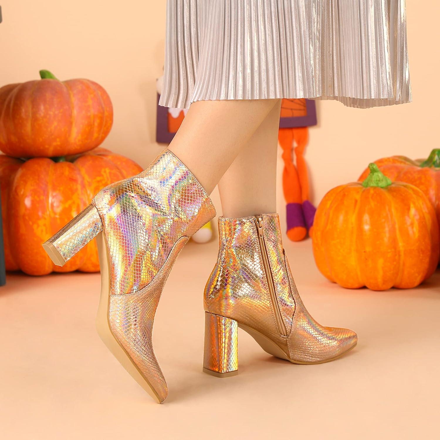 imageAllegra K Womens Snakeskin Print Boots Halloween Costumes Chunky High Heels Ankle BootsRose Gold