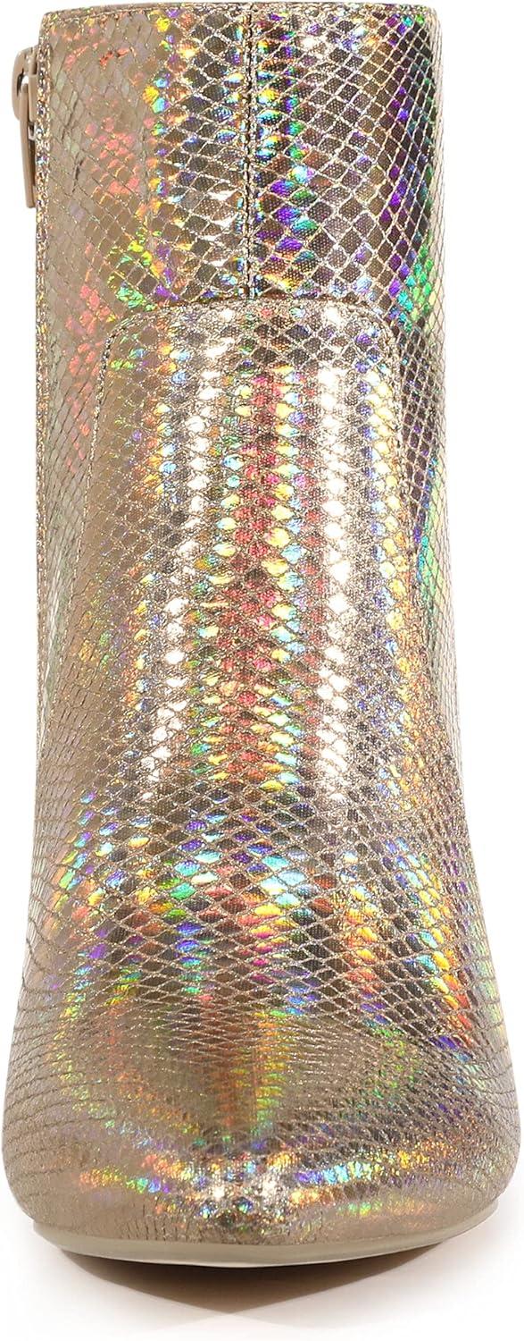 imageAllegra K Womens Snakeskin Print Boots Halloween Costumes Chunky High Heels Ankle BootsRose Gold