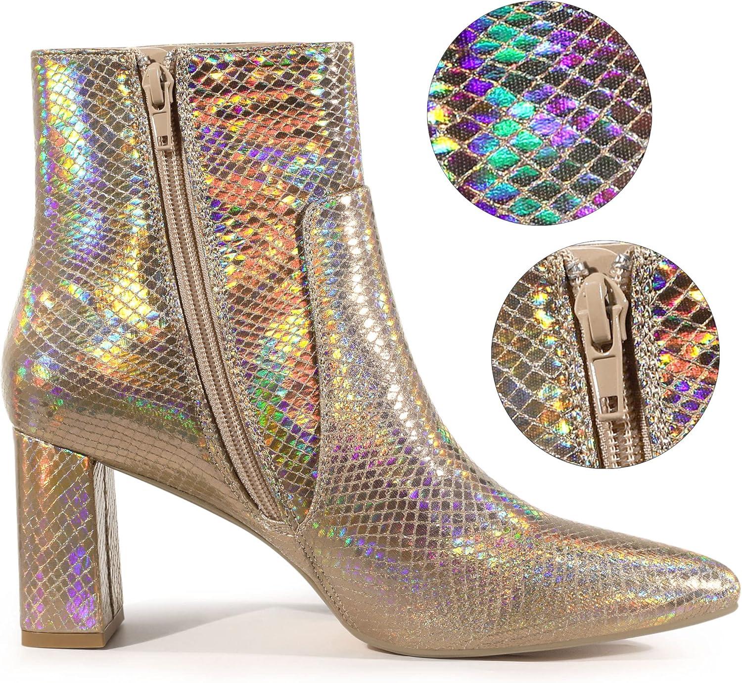 imageAllegra K Womens Snakeskin Print Boots Halloween Costumes Chunky High Heels Ankle BootsRose Gold