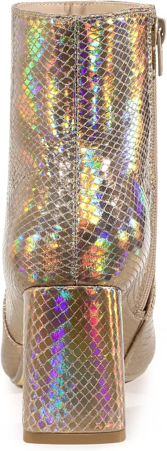 imageAllegra K Womens Snakeskin Print Boots Halloween Costumes Chunky High Heels Ankle BootsRose Gold