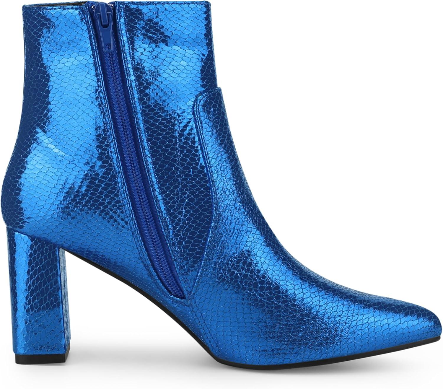 imageAllegra K Womens Snakeskin Print Boots Halloween Costumes Chunky High Heels Ankle BootsRoyal Blue