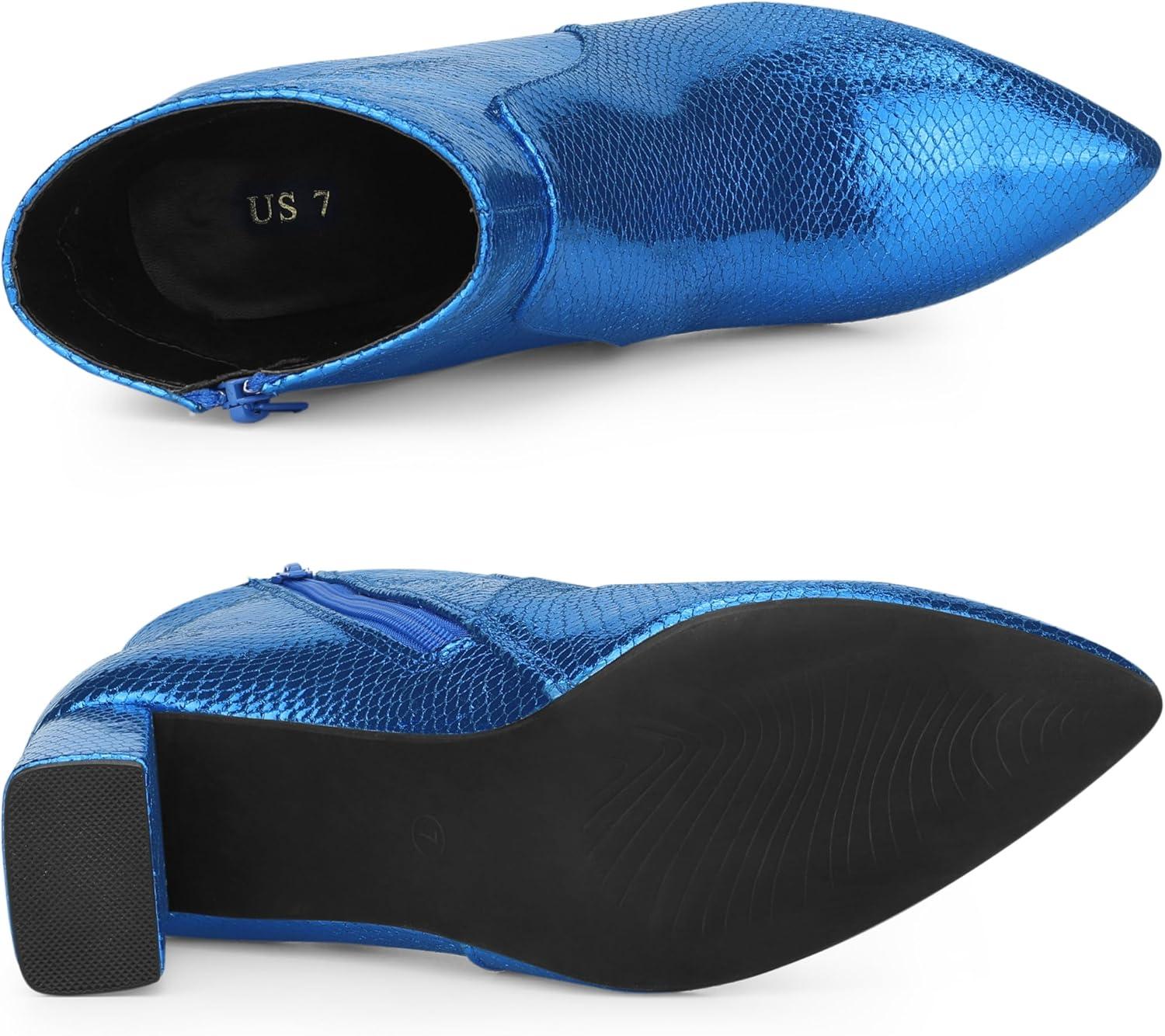 imageAllegra K Womens Snakeskin Print Boots Halloween Costumes Chunky High Heels Ankle BootsRoyal Blue