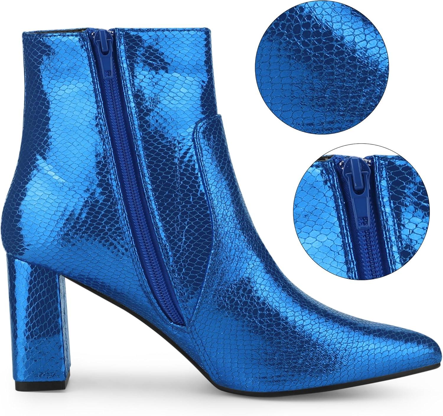 imageAllegra K Womens Snakeskin Print Boots Halloween Costumes Chunky High Heels Ankle BootsRoyal Blue