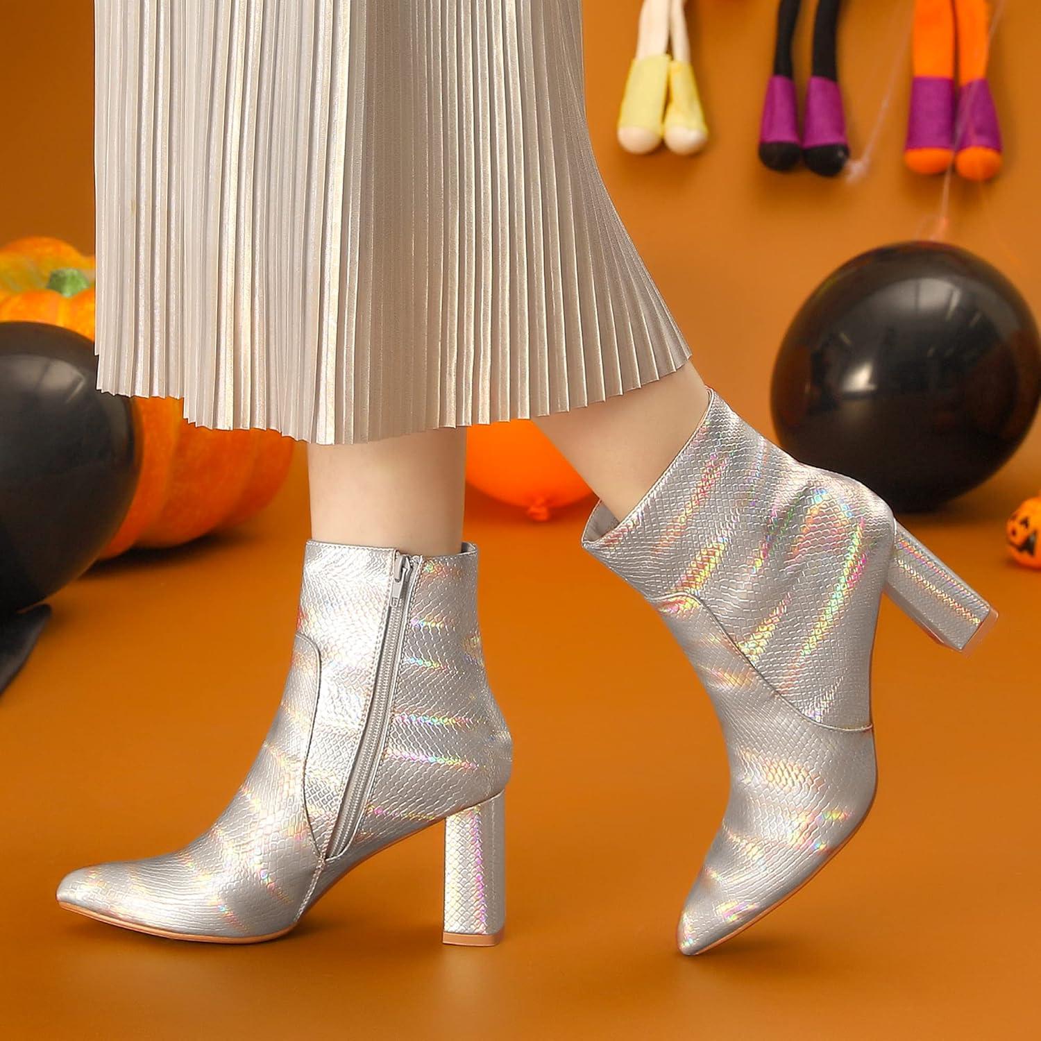 imageAllegra K Womens Snakeskin Print Boots Halloween Costumes Chunky High Heels Ankle BootsSilver