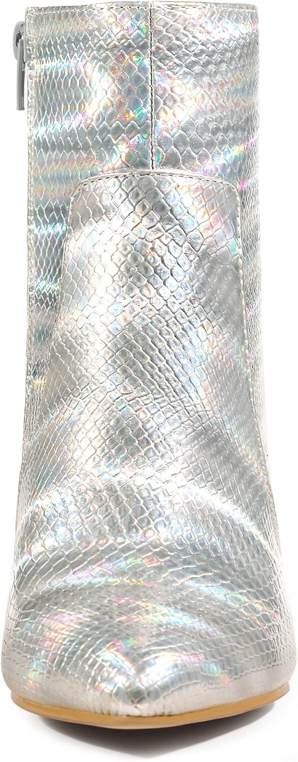 imageAllegra K Womens Snakeskin Print Boots Halloween Costumes Chunky High Heels Ankle BootsSilver