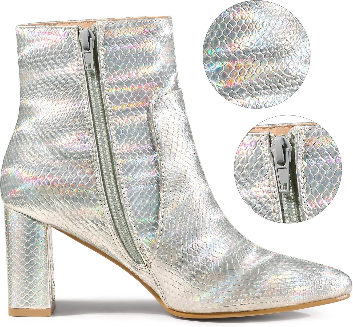 imageAllegra K Womens Snakeskin Print Boots Halloween Costumes Chunky High Heels Ankle BootsSilver