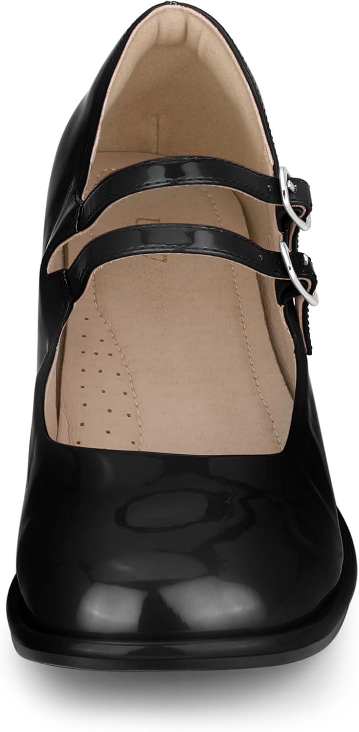 imageAllegra K Womens Square Toe Ankle Strap Block Heels Mary Janes Pumps ShoesBlack