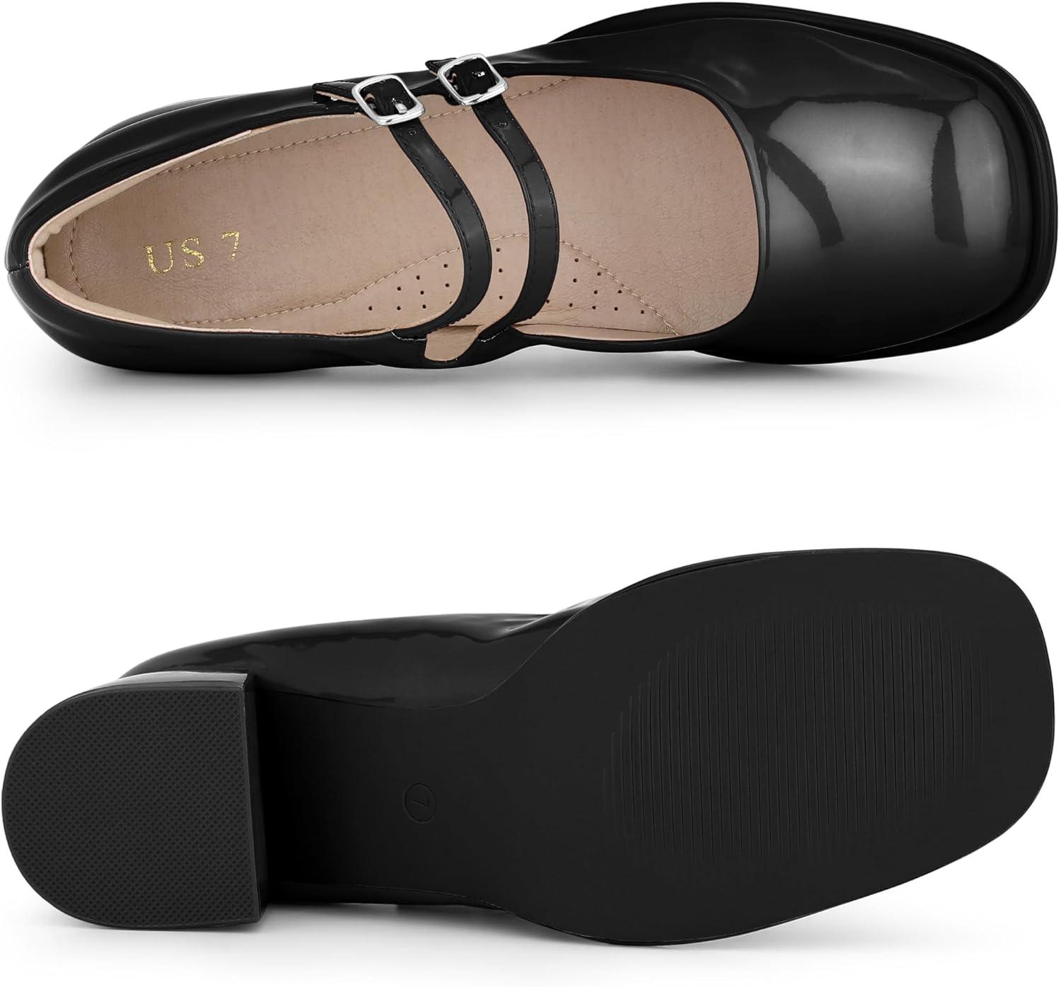 imageAllegra K Womens Square Toe Ankle Strap Block Heels Mary Janes Pumps ShoesBlack