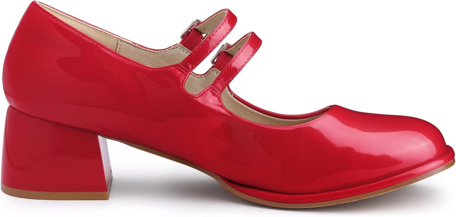 imageAllegra K Womens Square Toe Ankle Strap Block Heels Mary Janes Pumps ShoesRed