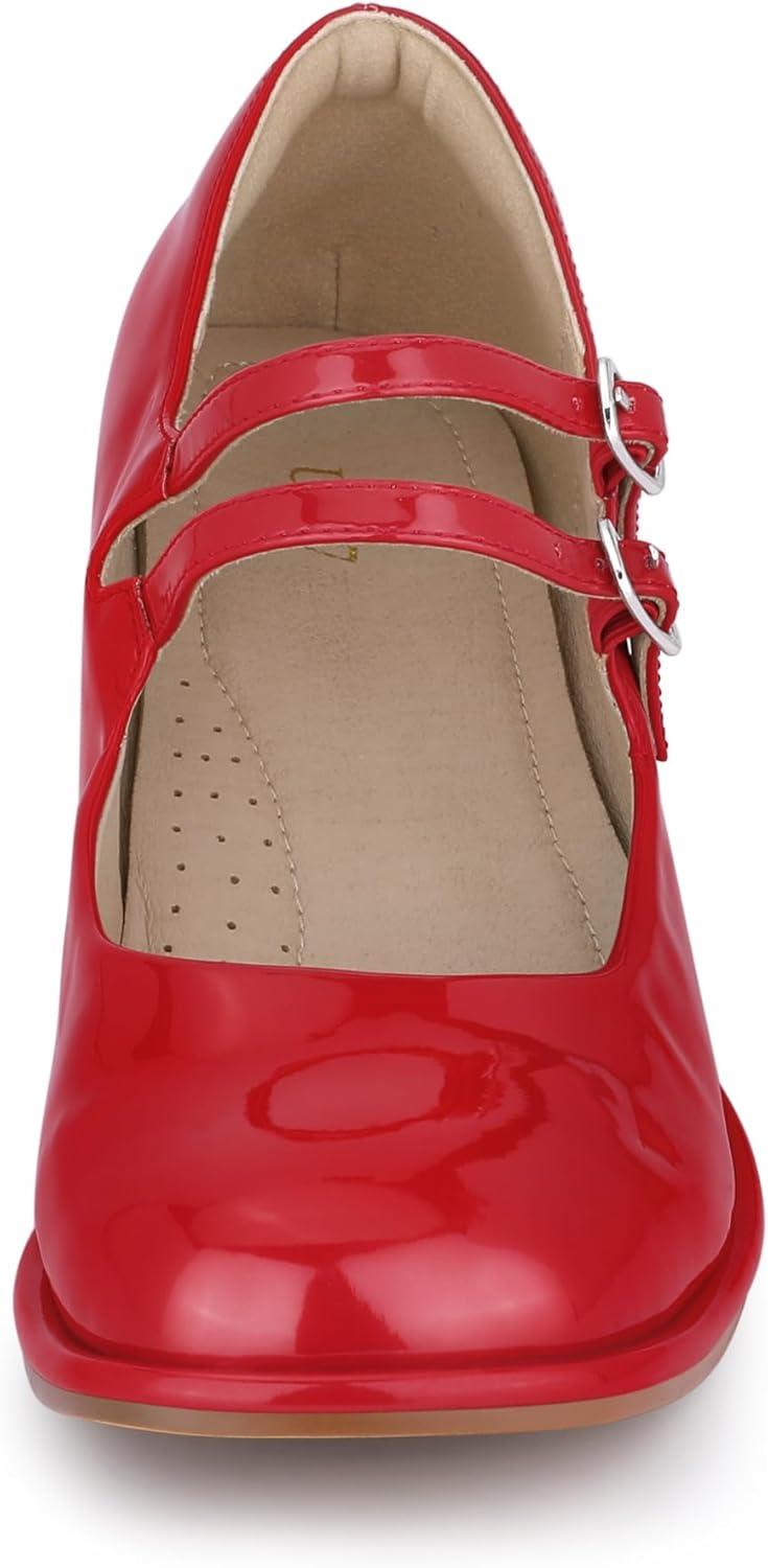 imageAllegra K Womens Square Toe Ankle Strap Block Heels Mary Janes Pumps ShoesRed