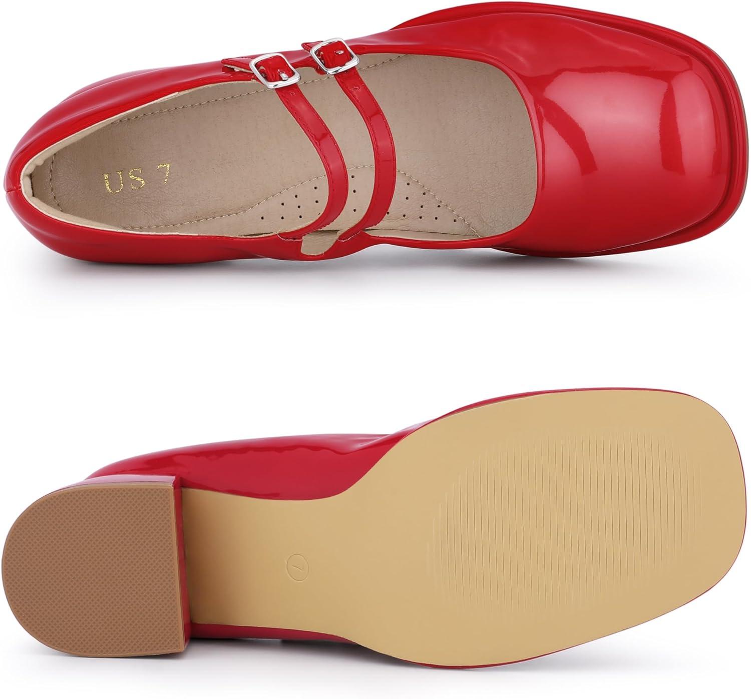 imageAllegra K Womens Square Toe Ankle Strap Block Heels Mary Janes Pumps ShoesRed