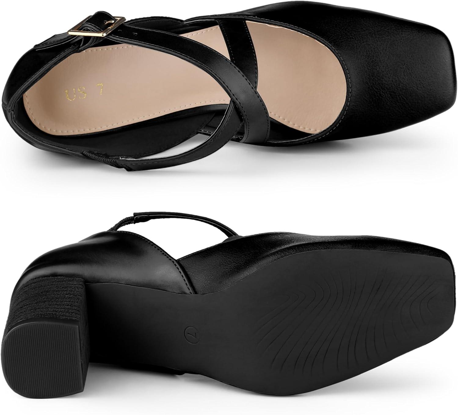 imageAllegra K Womens Square Toe Mary Jane Chunky Heels Dress ShoesBlack