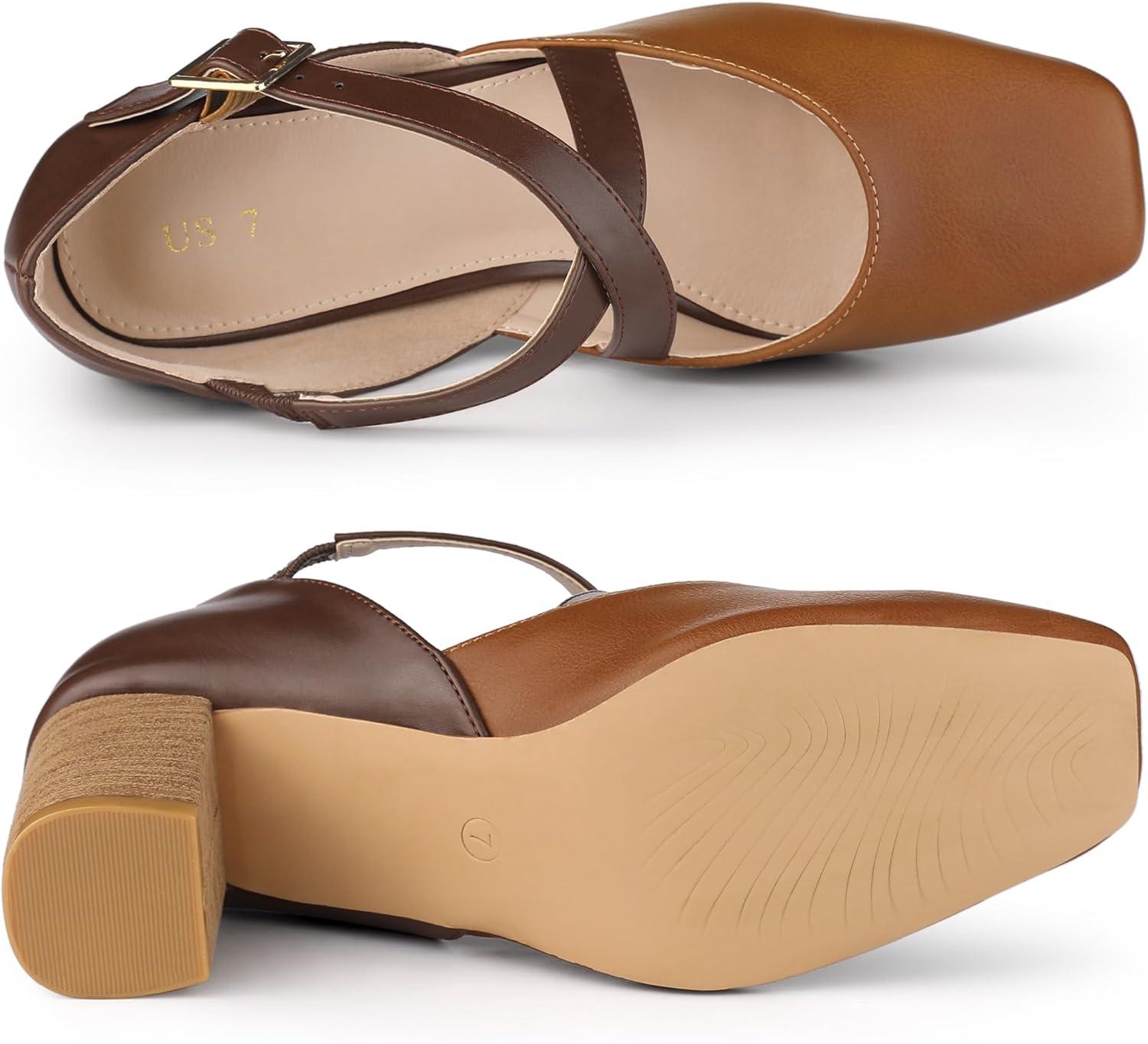 imageAllegra K Womens Square Toe Mary Jane Chunky Heels Dress ShoesBrown