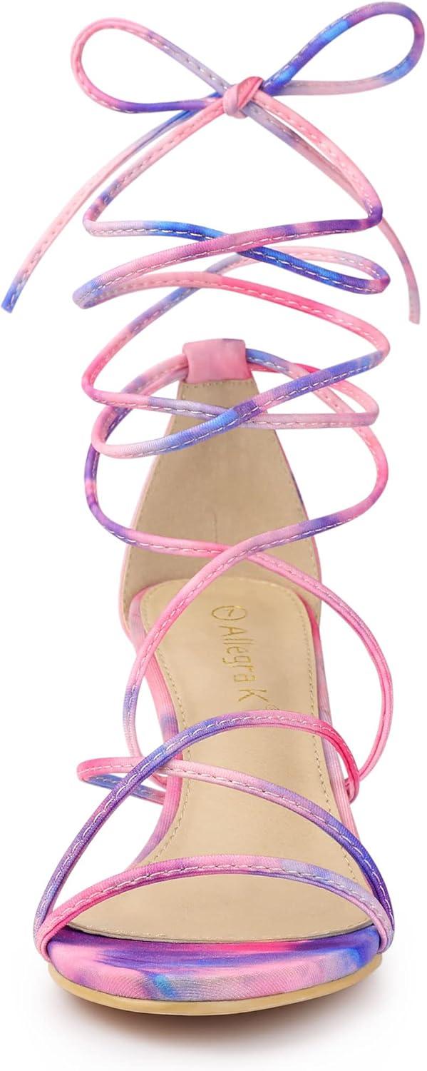 imageAllegra K Womens Strappy Tie Dye Heels Lace Up Kitten Heel SandalsBlue Pink