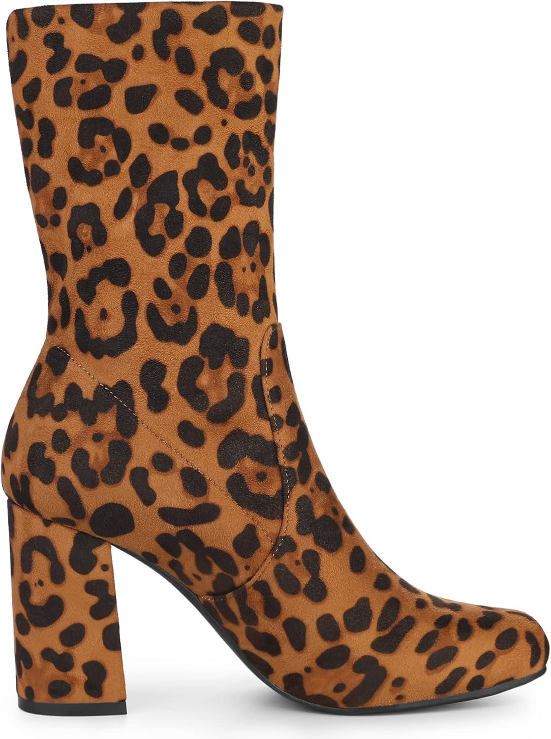 imageAllegra K Womens Stretch Round Toe Block Heel Sock Ankle BootsLeopard