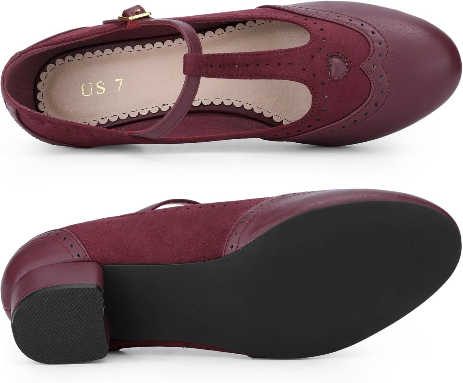 imageAllegra K Womens TStrap Mary Jane Ankle Strap Block Heels PumpsBurgundy