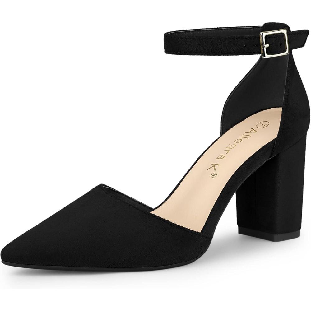 imageAllegra K Womens Ankle Strap Pointed Toe Block Heels PumpsBlack