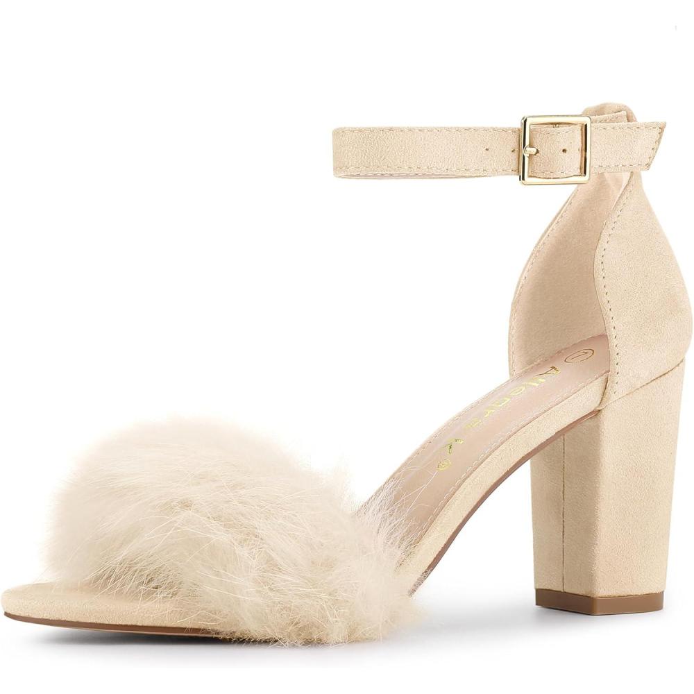imageAllegra K Womens Faux Fur Ankle Strap Block Heels SandalsBeige