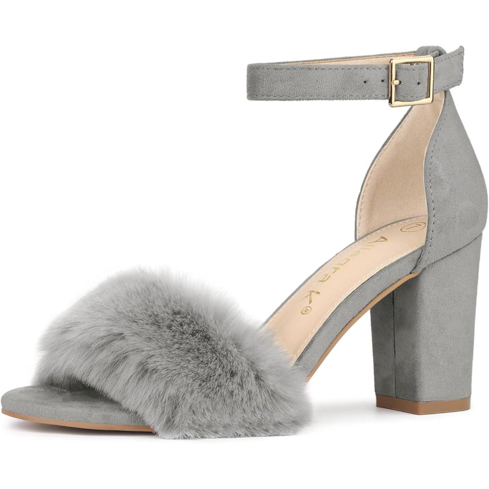 imageAllegra K Womens Faux Fur Ankle Strap Block Heels SandalsGrey