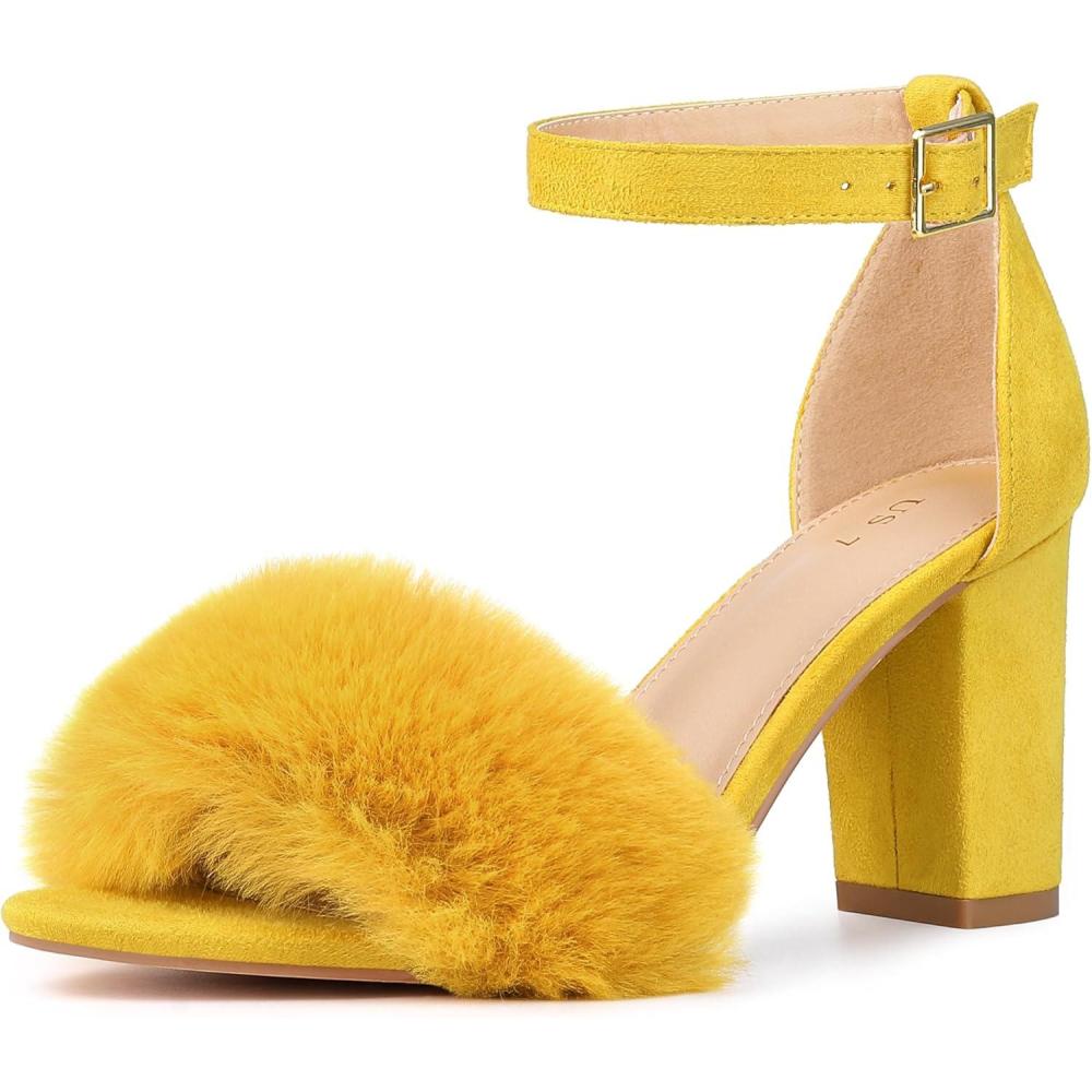 imageAllegra K Womens Faux Fur Ankle Strap Block Heels SandalsYellow