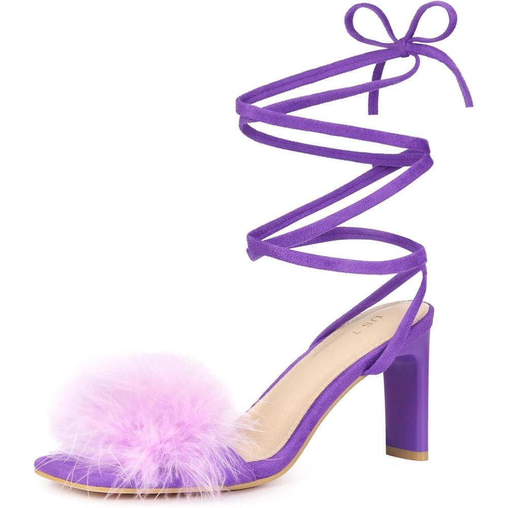 imageAllegra K Womens Faux Fur Slingback Block Heels Lace Up SandalsLight Purple