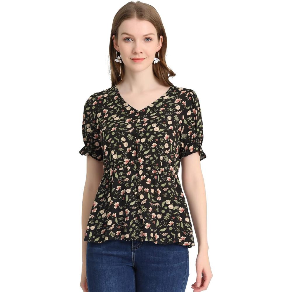 imageAllegra K Womens Floral Peasant Peplum Top Ruffle Hem Short Sleeve VNeck Summer BlouseBlack