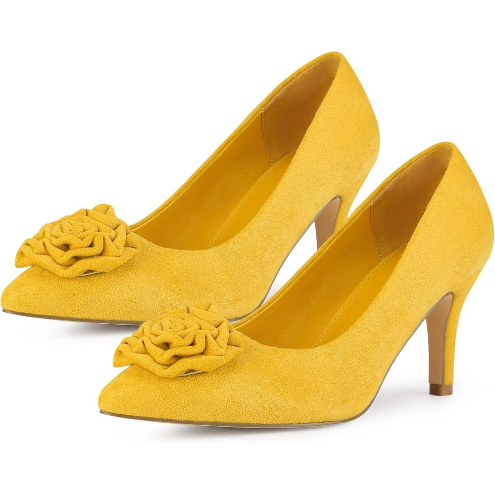 imageAllegra K Womens Flower Closed Pointed Toe Stiletto Heels Shoes PumpsYellow