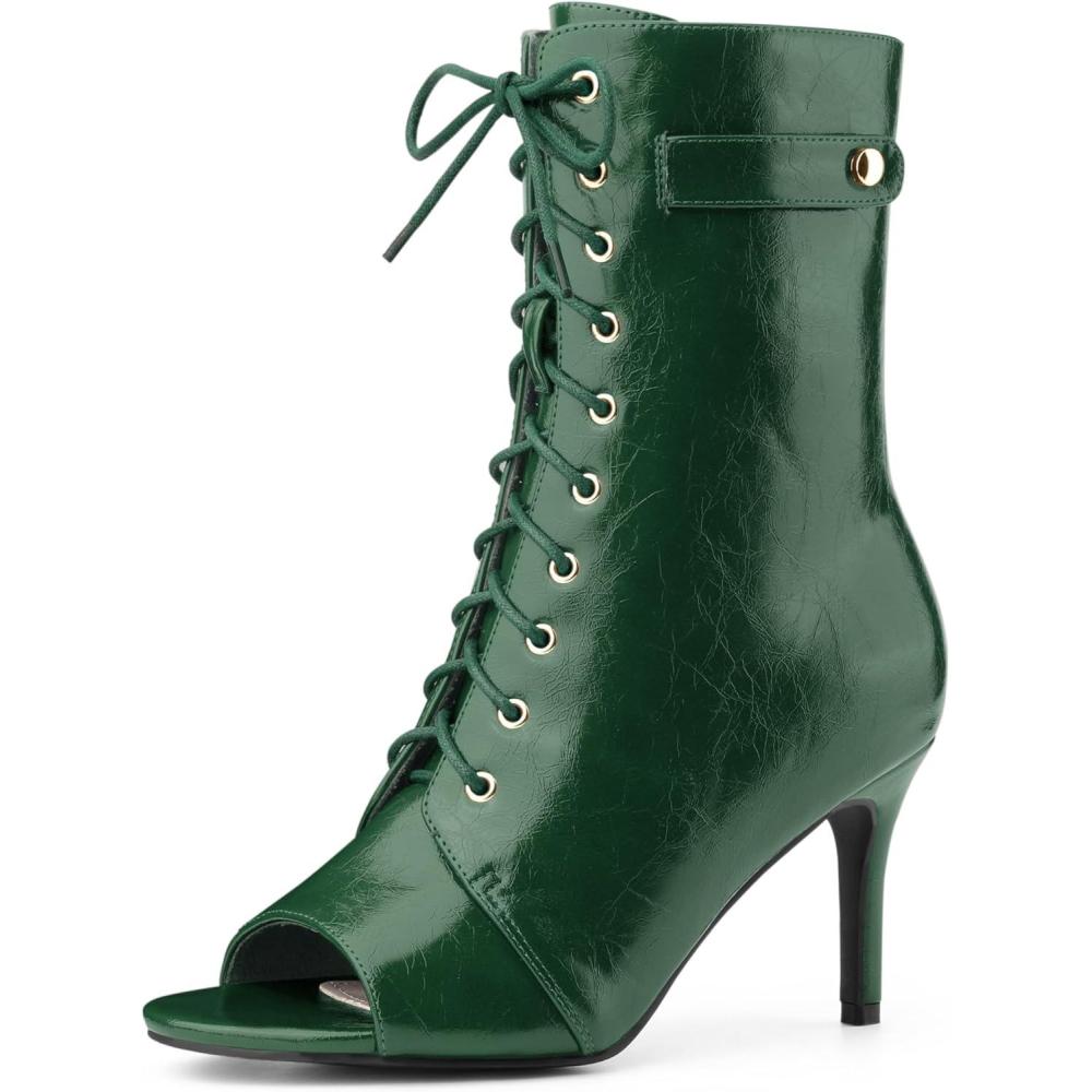 imageAllegra K Womens Lace Up Peep Toe Stiletto Heel Ankle BootsDark Green