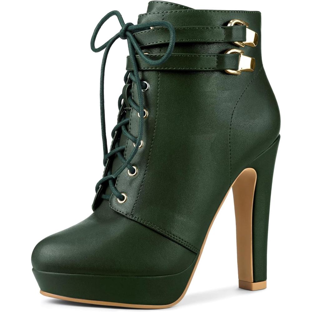 imageAllegra K Womens Lace Up Strap Platform Block Heels Ankle BootsDark Green