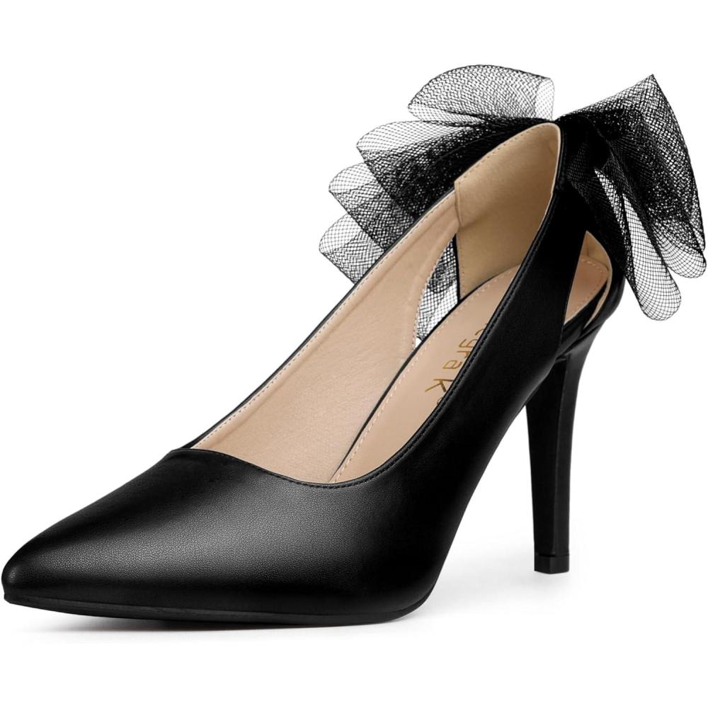 imageAllegra K Womens Mesh Bow Pointed Toe Stiletto High Heels PumpsBlack