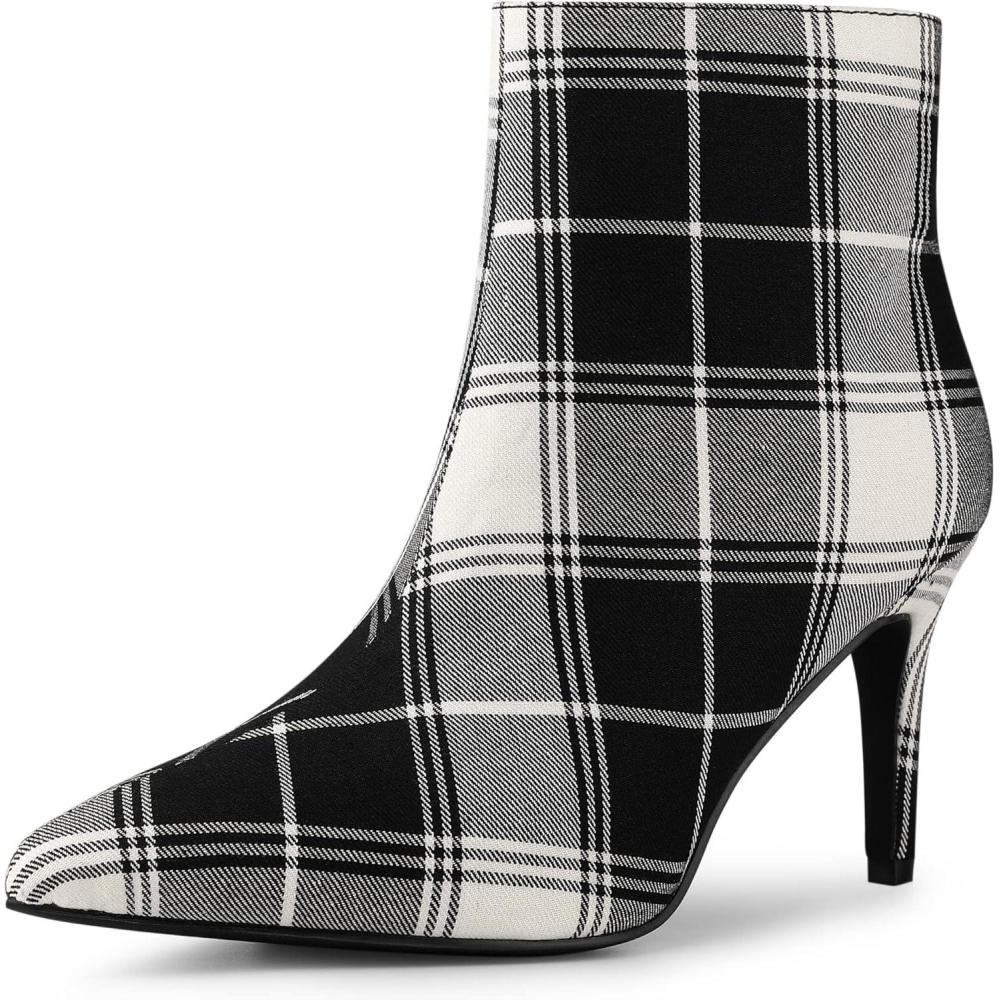 imageAllegra K Womens Plaid Pointed Toe Side Zip Stiletto Heel Ankle BootsBlack White