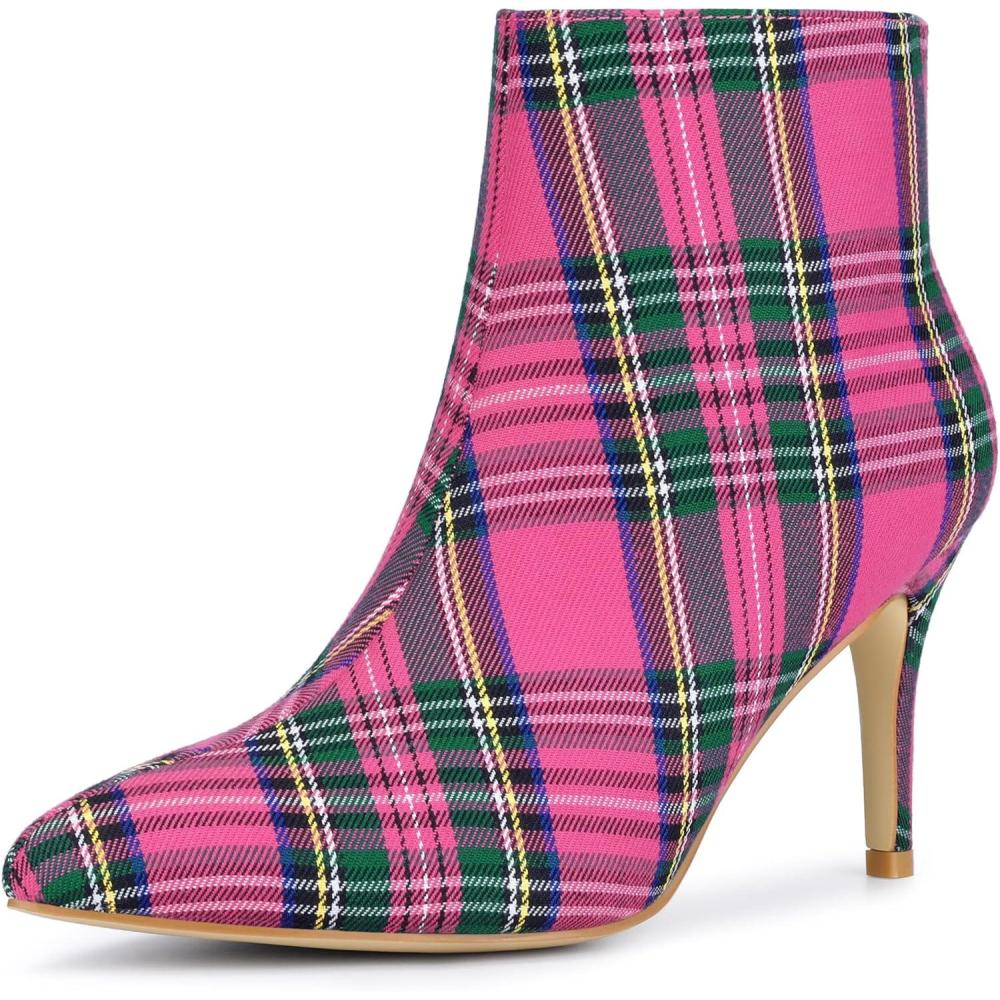 imageAllegra K Womens Plaid Pointed Toe Side Zip Stiletto Heel Ankle BootsHot Pink