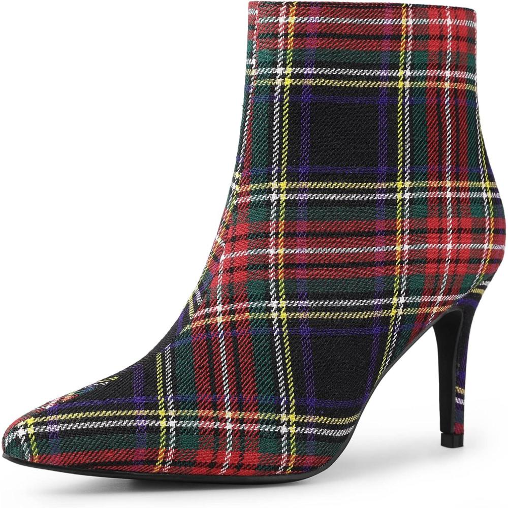 imageAllegra K Womens Plaid Pointed Toe Side Zip Stiletto Heel Ankle BootsRed Green