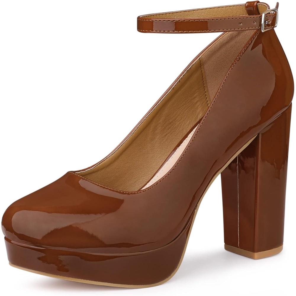 imageAllegra K Womens Platform Ankle Strap Chunky Heel Mary Janes PumpsBrown