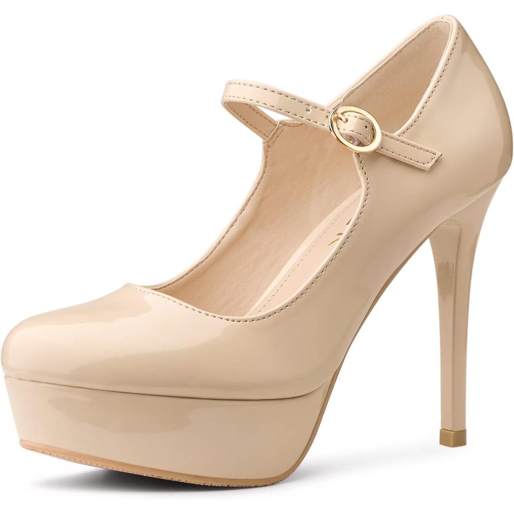 imageAllegra K Womens Platform Mary Jane Pumps Ankle Strap Stiletto High Heels Dress ShoesNude