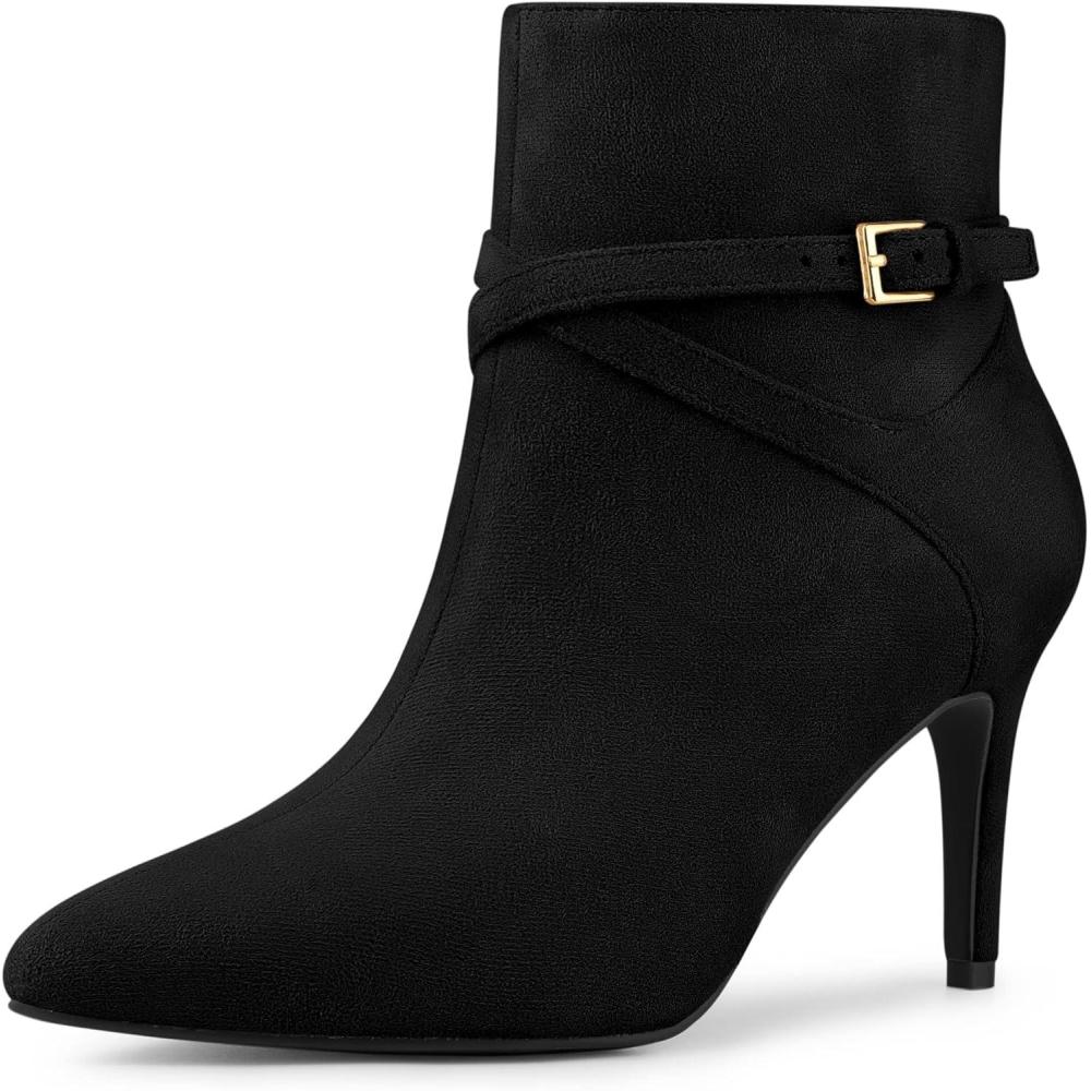 imageAllegra K Womens Pointy Toe Buckle Cross Straps Stiletto Heel Ankle BootsBlack