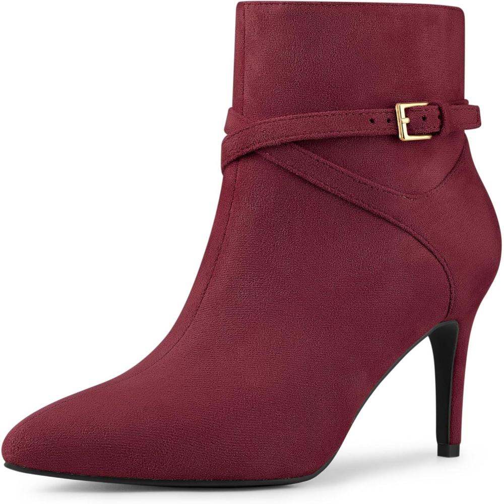 imageAllegra K Womens Pointy Toe Buckle Cross Straps Stiletto Heel Ankle BootsBurgundy