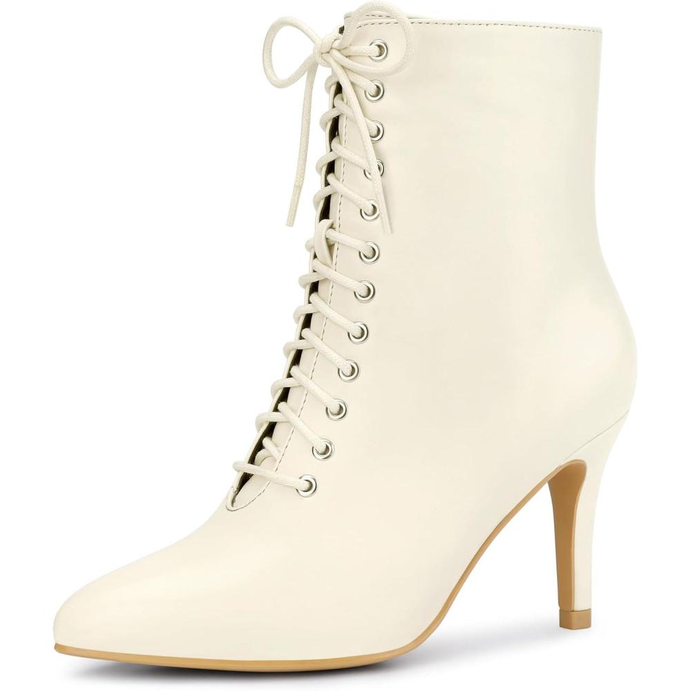 imageAllegra K Womens Pointy Toe Lace Up Stiletto Heel Ankle BootsCream