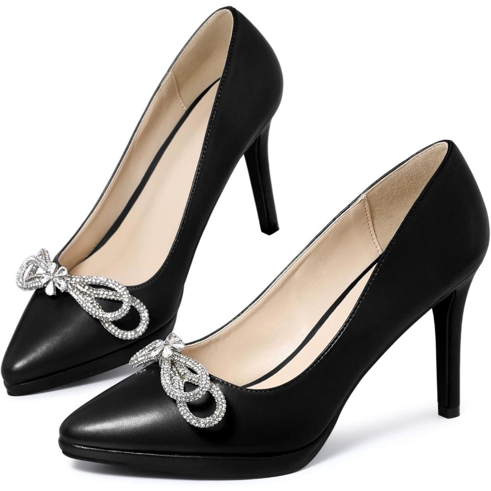 imageAllegra K Womens Pump Stiletto Heel Platform Rhinestone Bow Pointed Toe PumpsBlack
