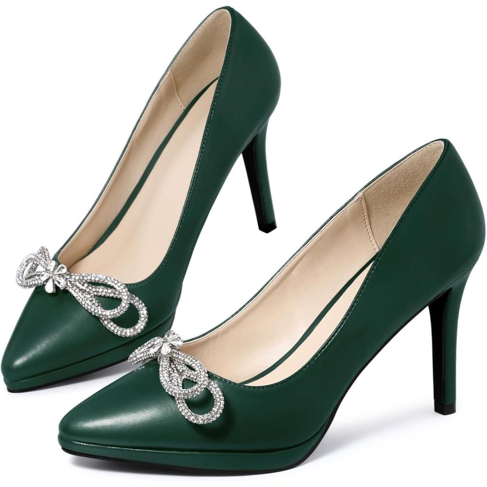 imageAllegra K Womens Pump Stiletto Heel Platform Rhinestone Bow Pointed Toe PumpsEmerald Green