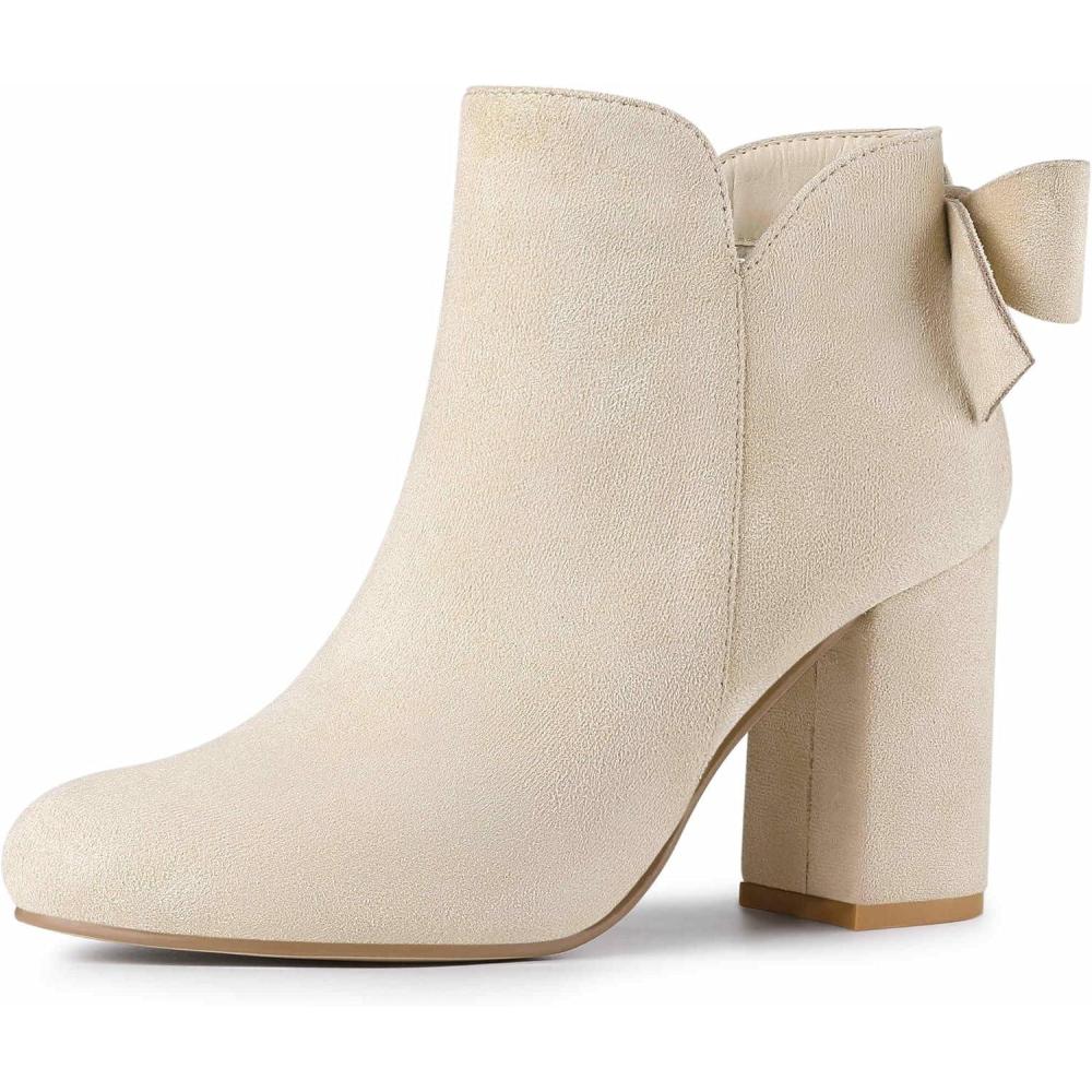 imageAllegra K Womens Round Toe Bow Decor Chunky Heel Ankle BootsBeige
