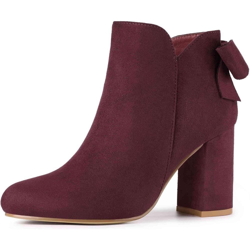 imageAllegra K Womens Round Toe Bow Decor Chunky Heel Ankle BootsBurgundy
